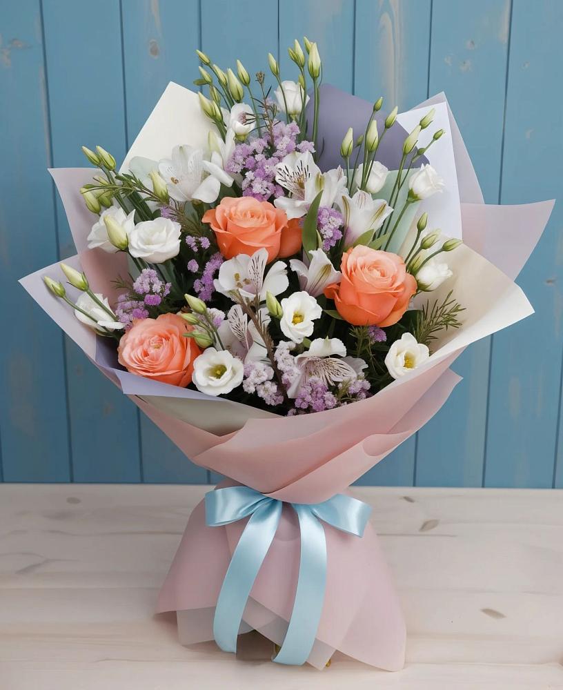 Букет цветов из: Лизиантусы, Розы, Альстромерии и Гипсофила в Погорелках