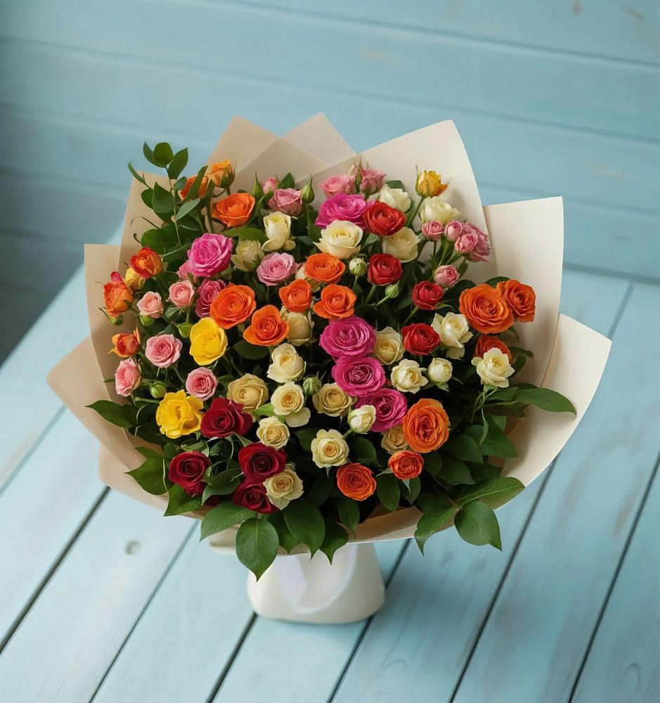 Букет Микс из разноцветных кустовых роз в Погорелках