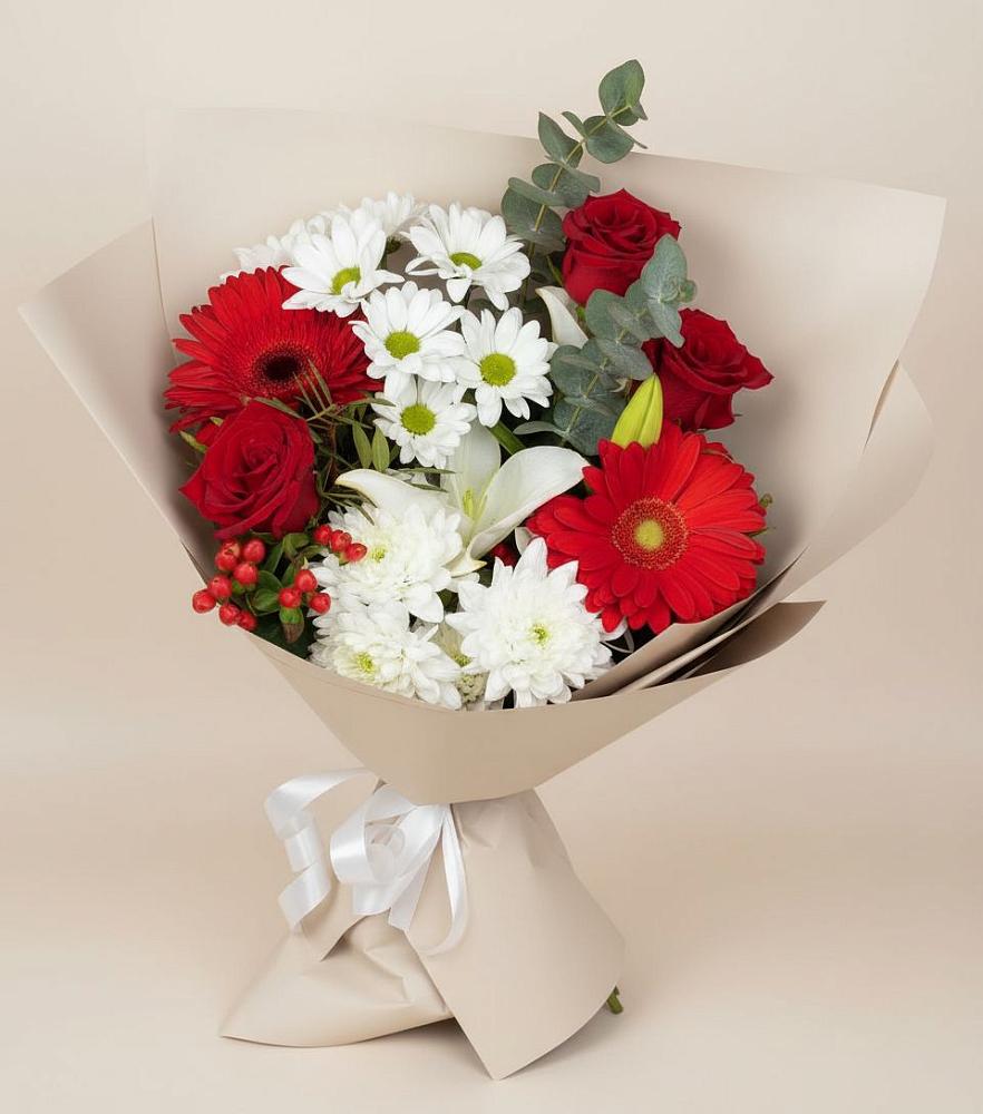 Букет цветов из: Розы, Хризантемы, Герберы и Лилии в Погорелках