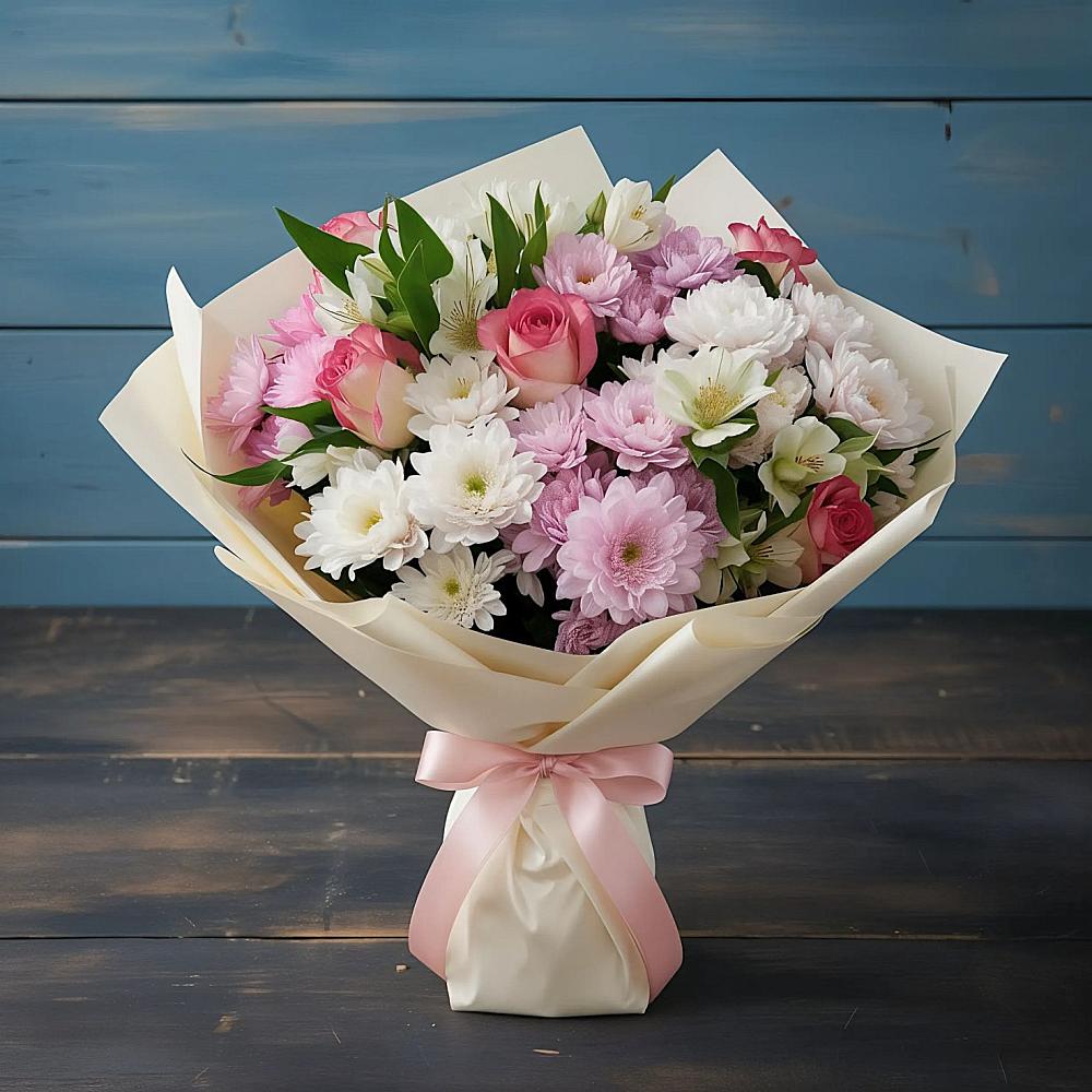 Букет цветов из: Хризантемы, Альстромерии и Розы в Погорелках